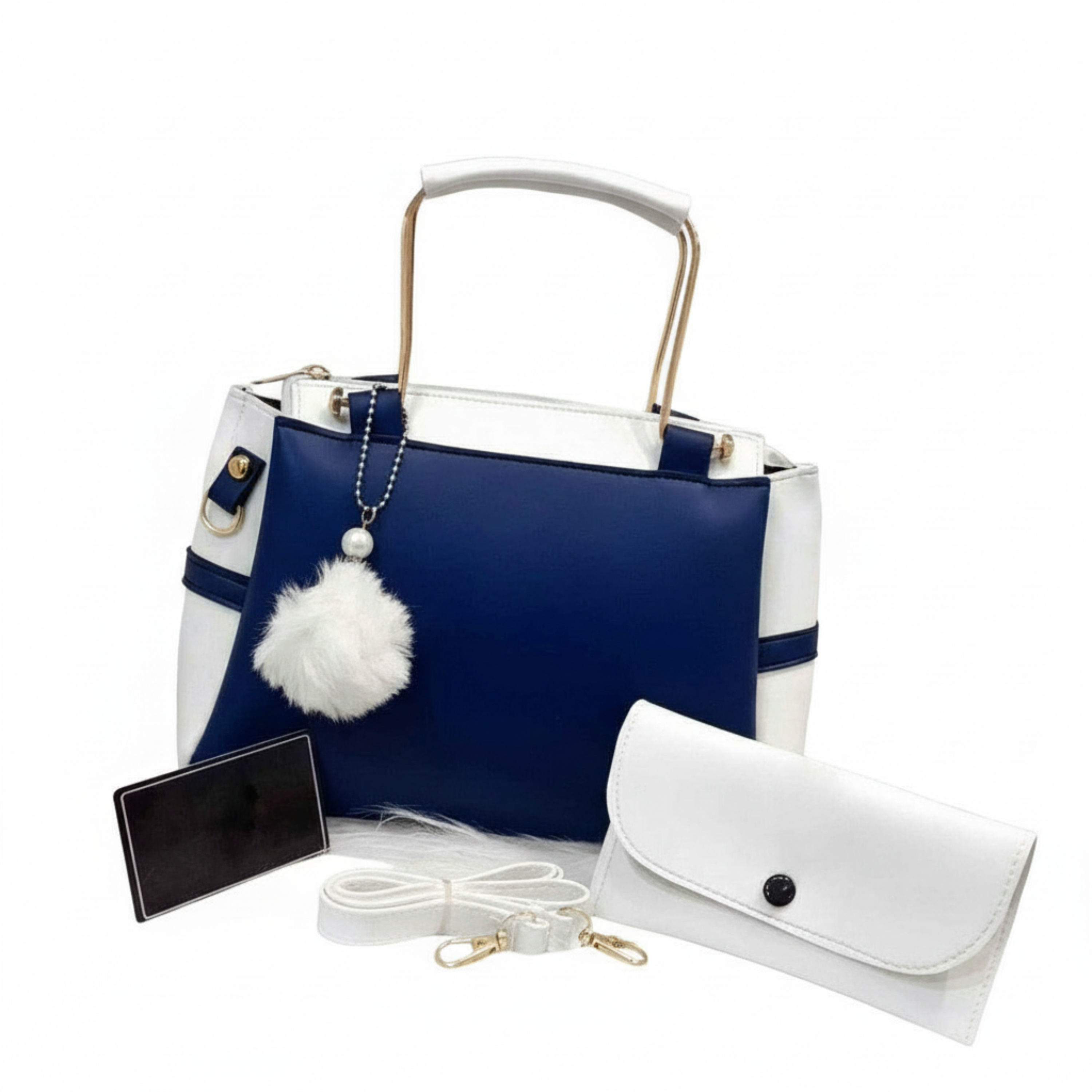 Stylish Women's Blue Rexine Hand Bag Set - 2 Pcs with Printed Design