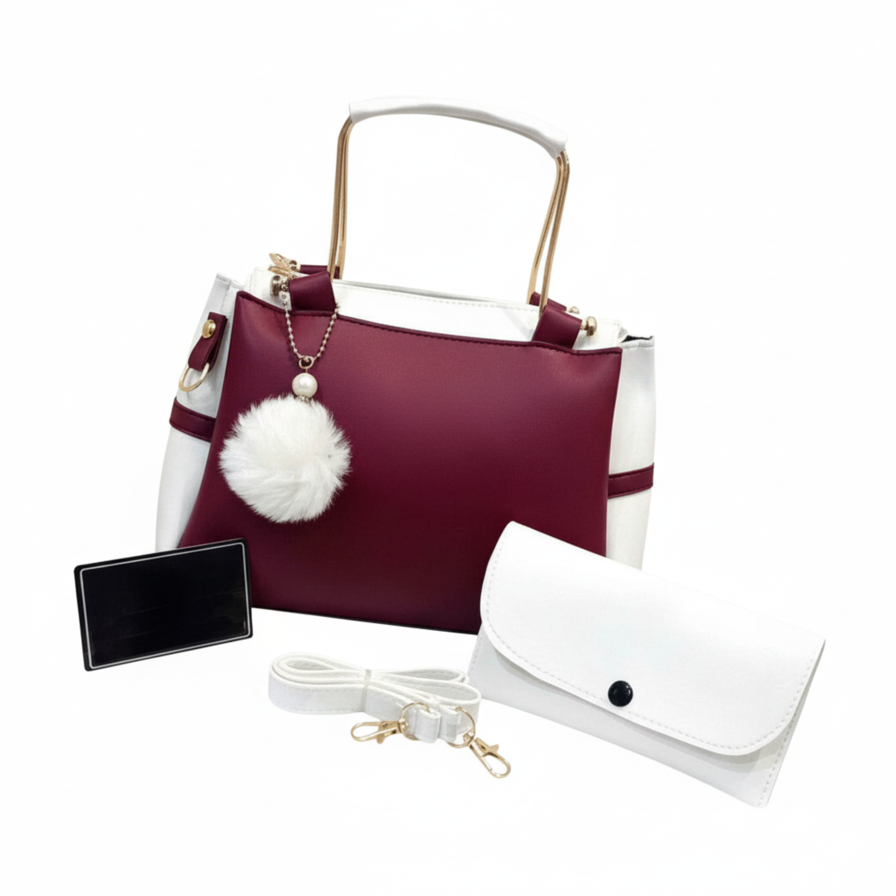 Stylish Women's Maroon Rexine Hand Bag Set - 2 Pcs with Printed Design