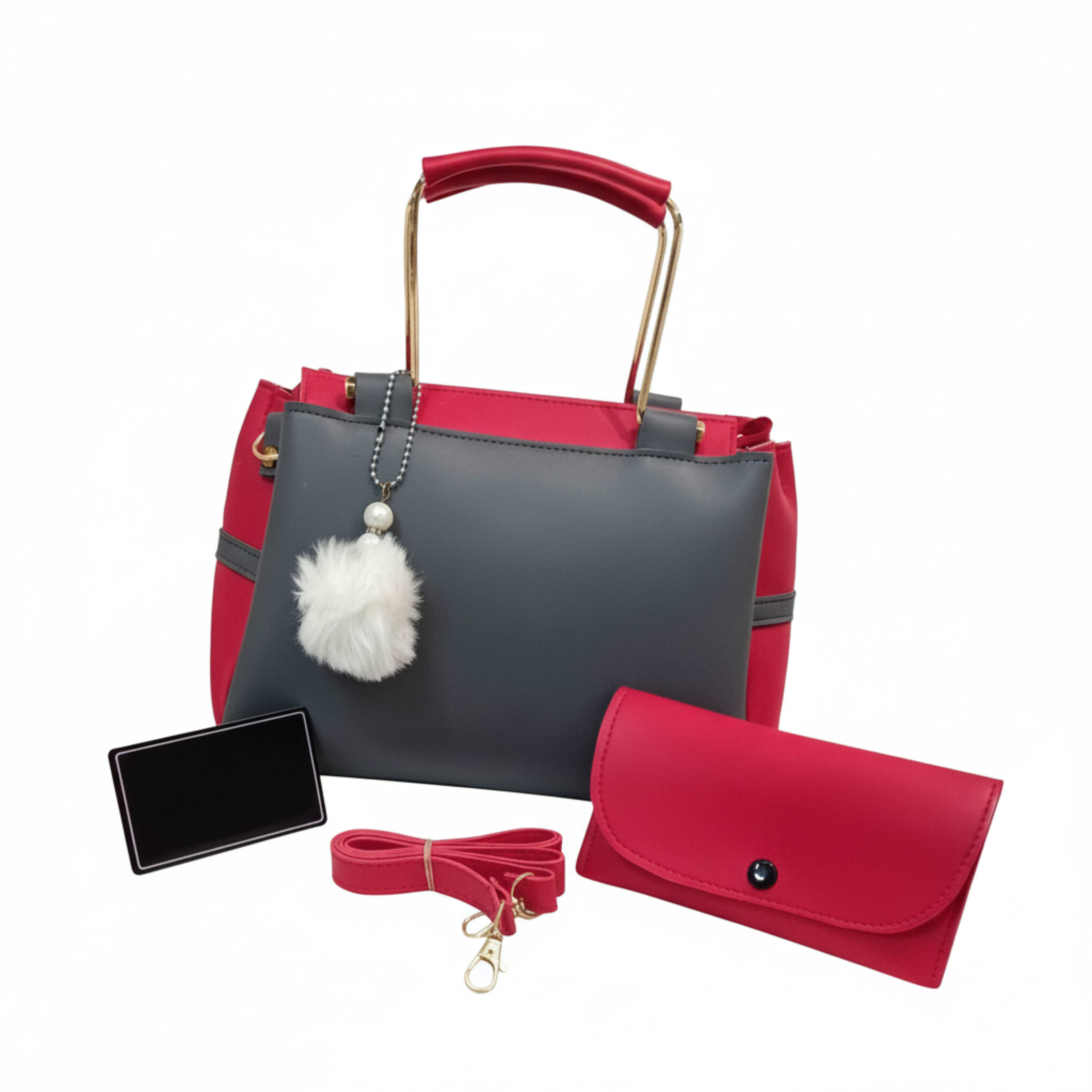 Stylish Women's Grey Rexine Hand Bag Set - 2 Pcs with Printed Design