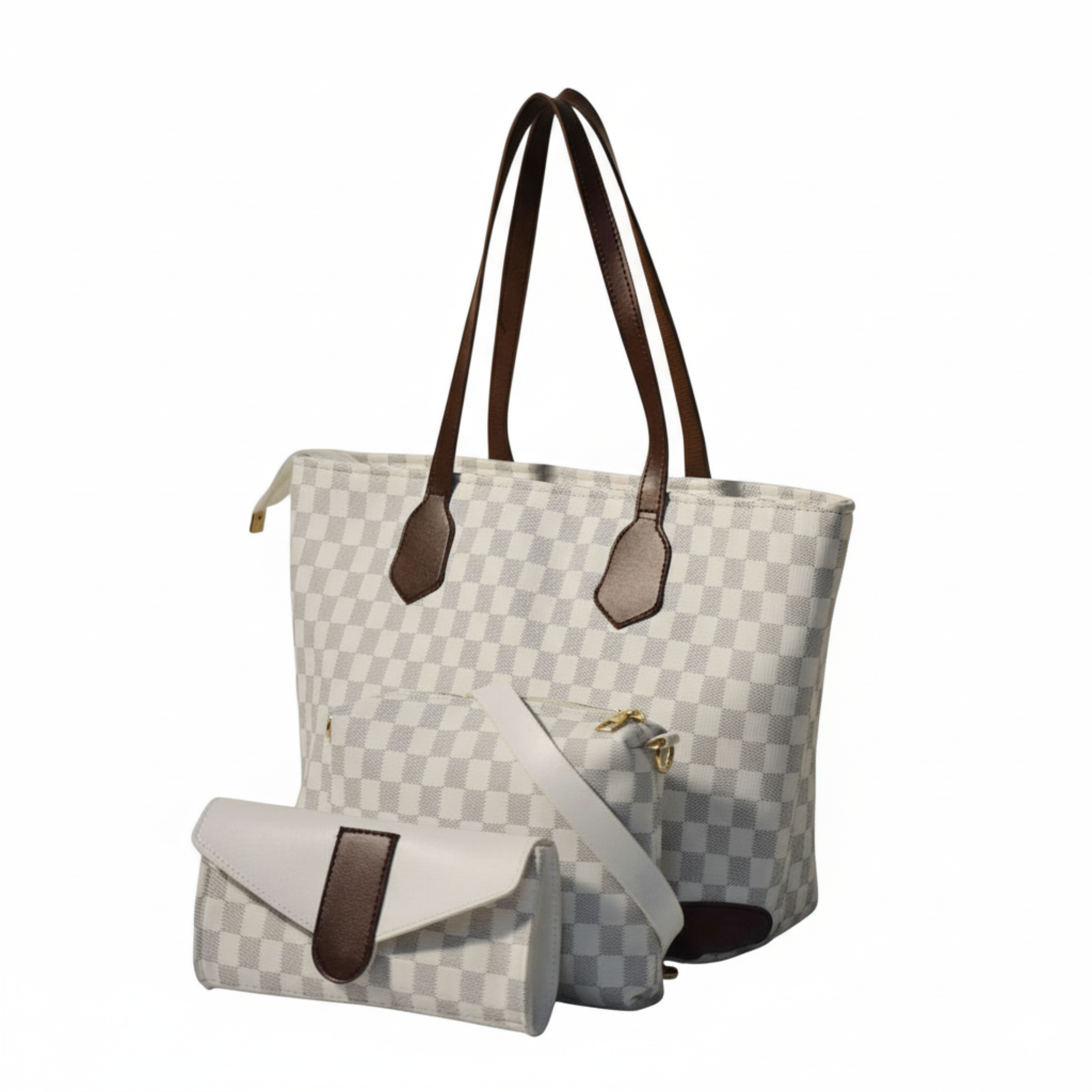 White & Choco Brown Checkered Tote - Styleit