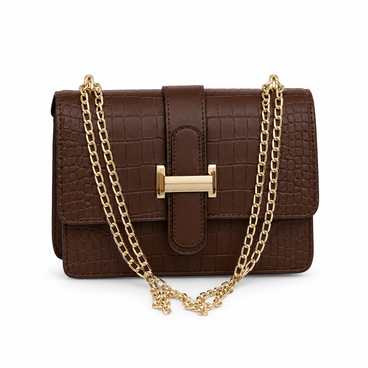 Croc-Embossed Chain Flap Shoulder Bag